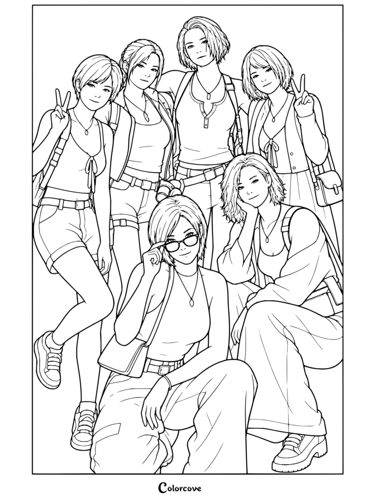Dibujo para colorear imprimible con personajes femeninos de la franquicia de videojuegos Resident Evil posando juntas.