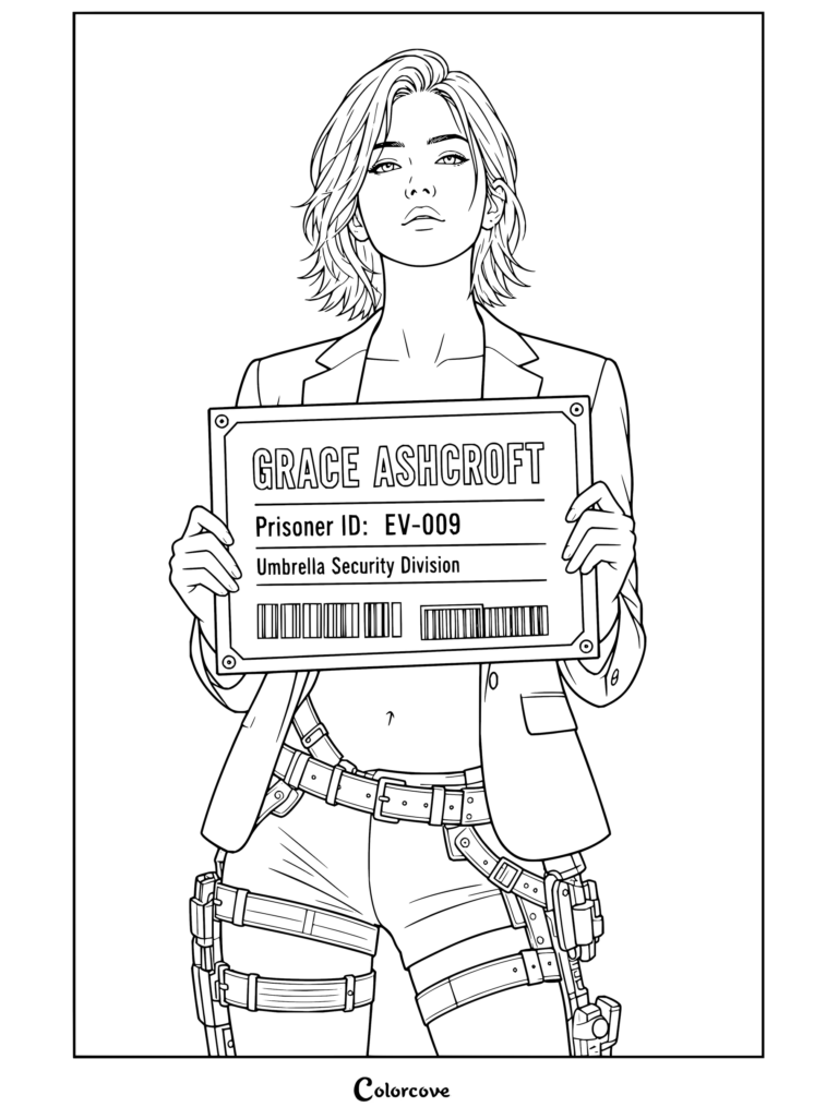 Dibujo para colorear imprimible de Resident Evil con Grace Ashcroft sosteniendo un cartel de identificación de prisionera con equipo táctico.