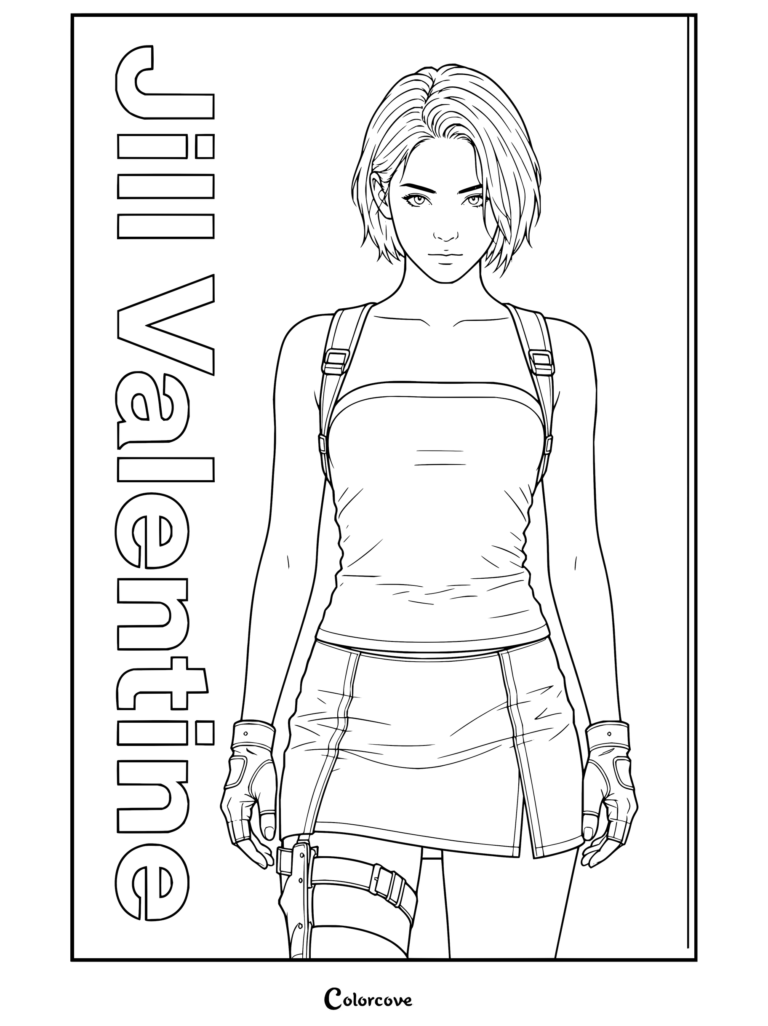 Dibujo para colorear de Jill Valentine de Resident Evil con su clásico top de tubo, falda y arnés de hombro.