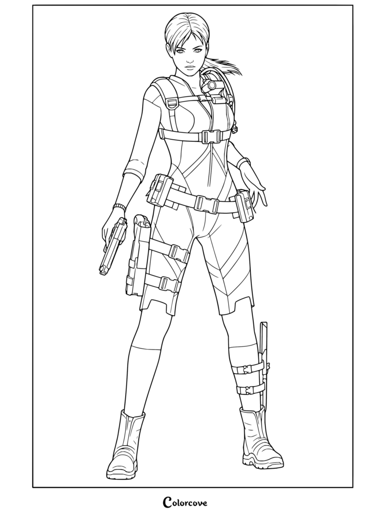 Dibujo para colorear imprimible de Jill Valentine con su traje táctico de combate y doble pistolera de Resident Evil.