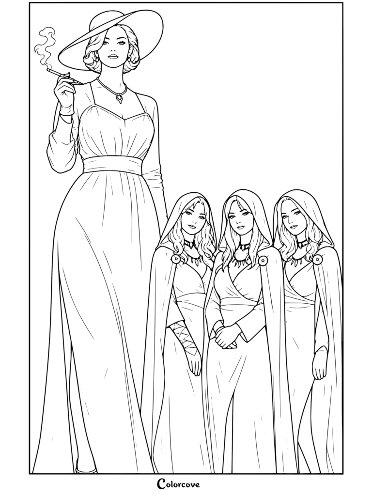 Dibujo para colorear imprimible de Resident Evil con Lady Dimitrescu fumando un cigarrillo de pie junto a sus tres hijas vestidas con túnicas con capucha a juego.