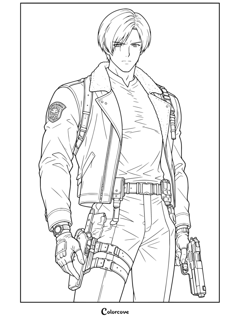 Dibujo para colorear imprimible de Resident Evil con Leon S. Kennedy vestido con su chaqueta forrada de borreguillo y equipo táctico, empuñando pistolas.