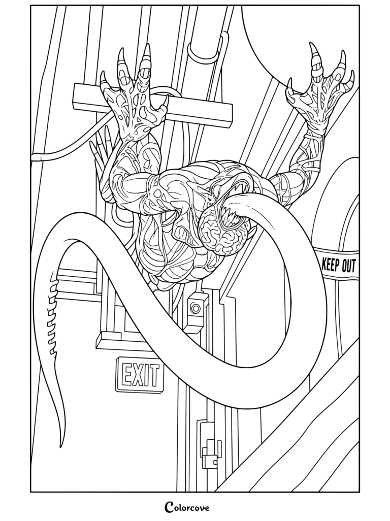 Dibujo para colorear imprimible de Resident Evil con un aterrador mutante Licker en el techo de Resident Evil 2, mostrando su cerebro expuesto y su larga lengua cerca de señales de salida y de prohibido el paso.