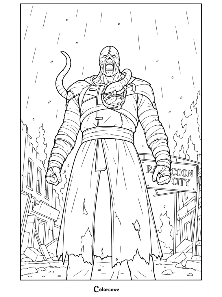 Dibujo para colorear imprimible de Resident Evil con Némesis rugiendo bajo la lluvia entre las ruinas de Raccoon City.