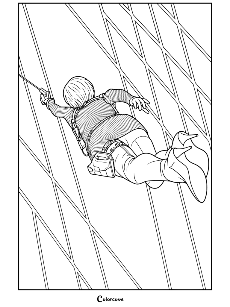 Ada Wong sorteando la escena del pasillo láser en Resident Evil en un detallado dibujo para colorear.