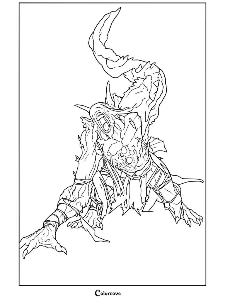 Detallado dibujo para colorear de Némesis Tipo-T de Resident Evil en una dinámica postura de combate rugiendo.