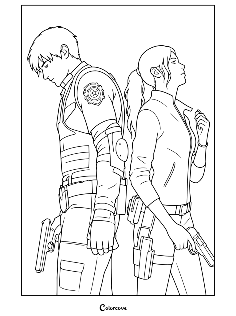Dibujo para colorear inspirado en el fondo de pantalla de Resident Evil 2 Remake con Leon S. Kennedy y Claire Redfield espalda con espalda.