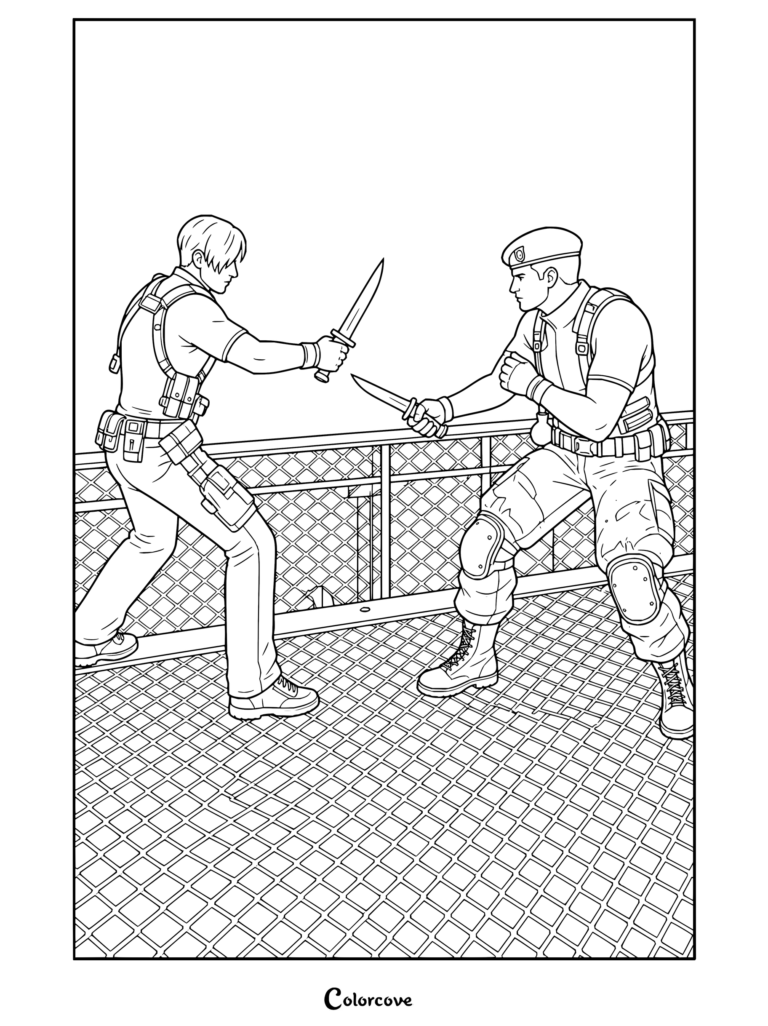 Dibujo para colorear con Leon S. Kennedy y Jack Krauser en una intensa pelea con cuchillos de Resident Evil 4 Remake.