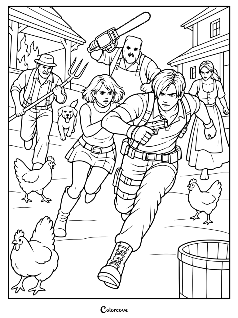 Dibujo para colorear imprimible de Resident Evil con Leon S. Kennedy y Ashley Graham huyendo de los Ganados en la escena inicial del pueblo de Resident Evil 4.