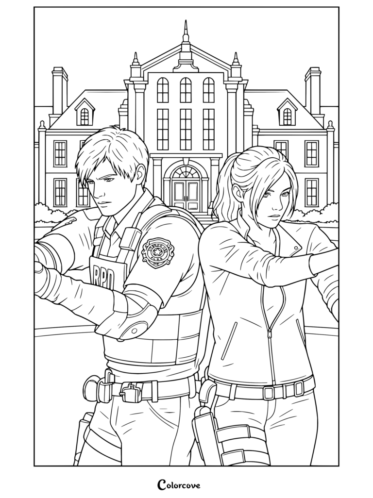 Dibujo para colorear imprimible de Resident Evil con Leon S. Kennedy y Claire Redfield espalda contra espalda frente a la comisaría de la R.P.D.