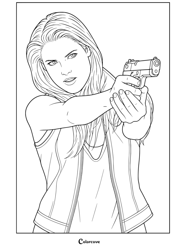 Dibujo para colorear imprimible de la actriz Ali Larter interpretando a Claire Redfield apuntando con una pistola en Resident Evil: Afterlife.