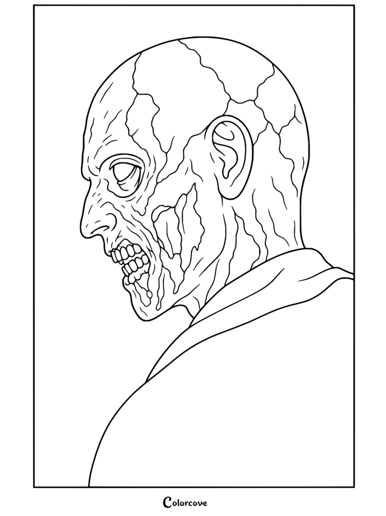 Un dibujo para colorear en blanco y negro del zombi que se da la vuelta, también conocido como el primer zombi o Taz, de Resident Evil.