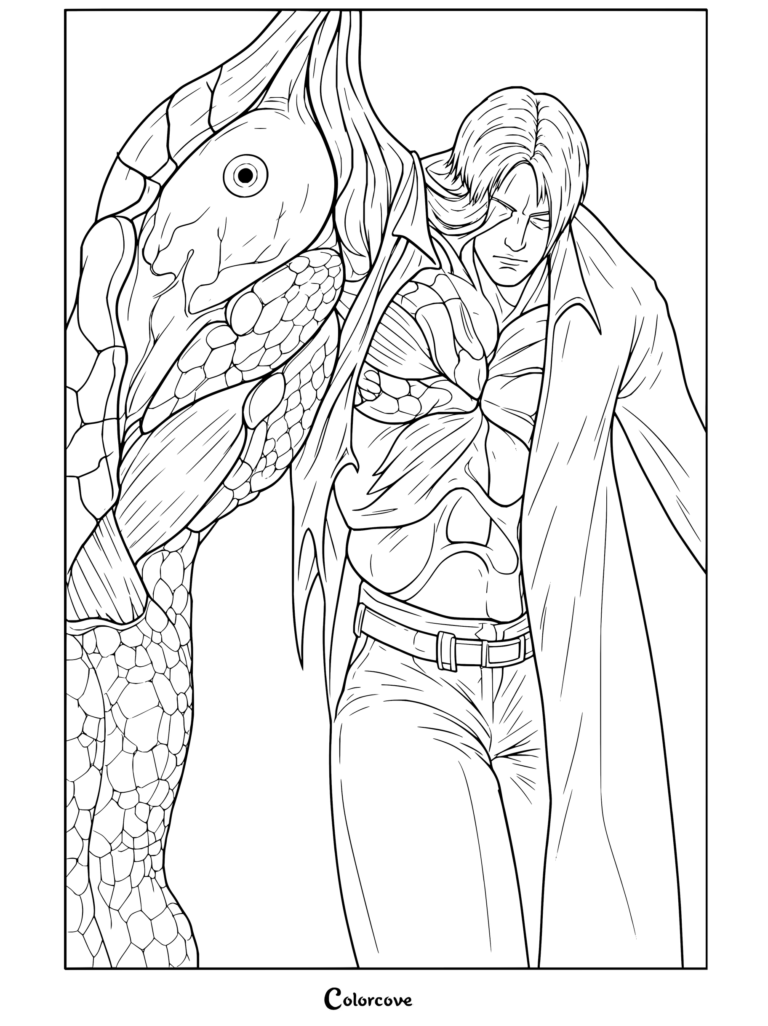 Dibujo para colorear de Resident Evil con William Birkin en su forma mutada de Fase 3 del Virus G, mostrando la estructura muscular del pecho y su bata.