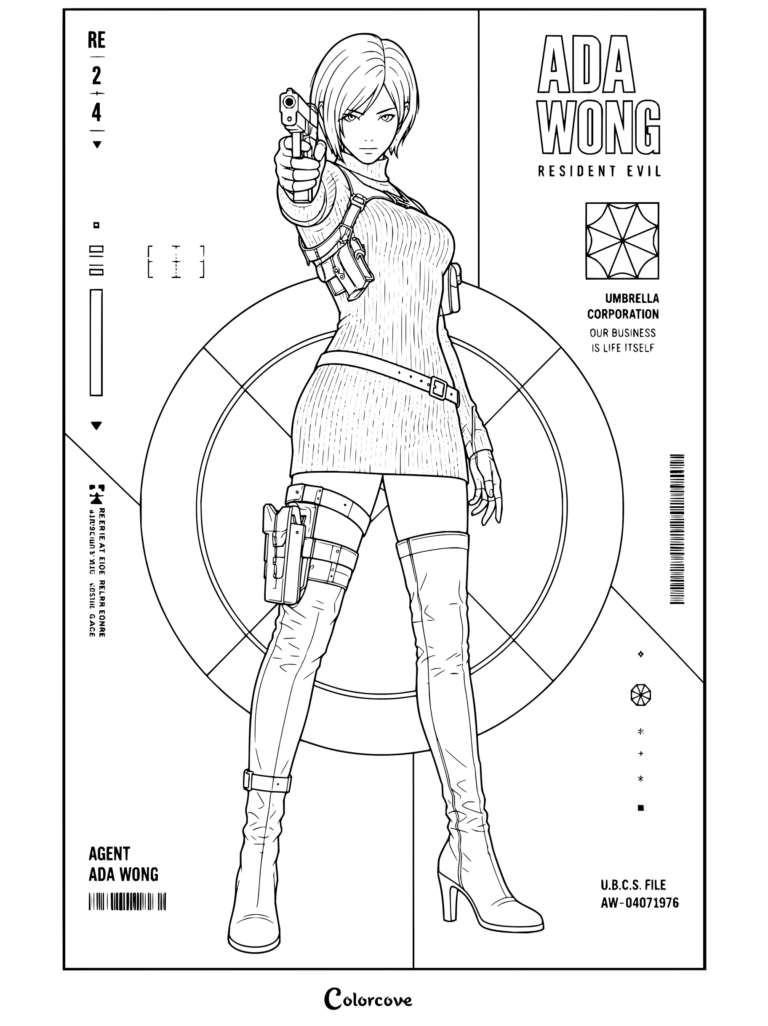 Dibujo para colorear imprimible de Resident Evil con Ada Wong apuntando con una pistola en un diseño de póster con el logotipo de la Corporación Umbrella.