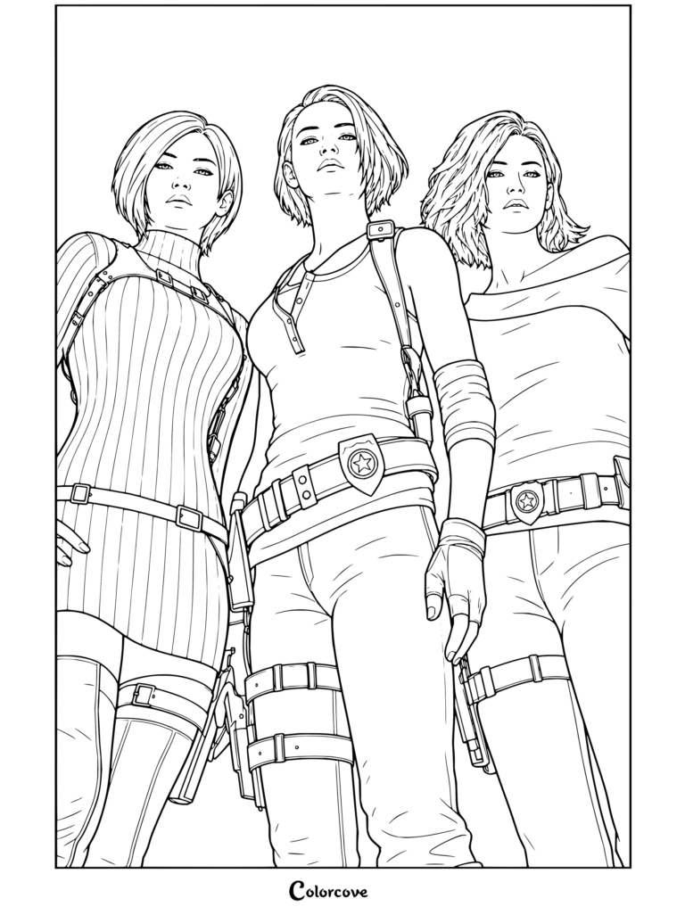 Dibujo para colorear imprimible de Resident Evil con Ada Wong, Jill Valentine y Ashley Graham en una pose táctica grupal en ángulo contrapicado.