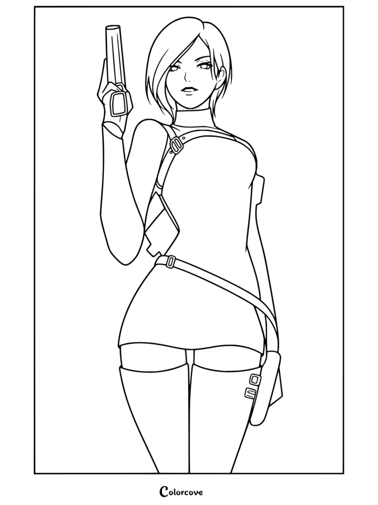 Dibujo para colorear imprimible de Resident Evil de Ada Wong sosteniendo una pistola con su clásico atuendo de espía y pistolera al hombro.