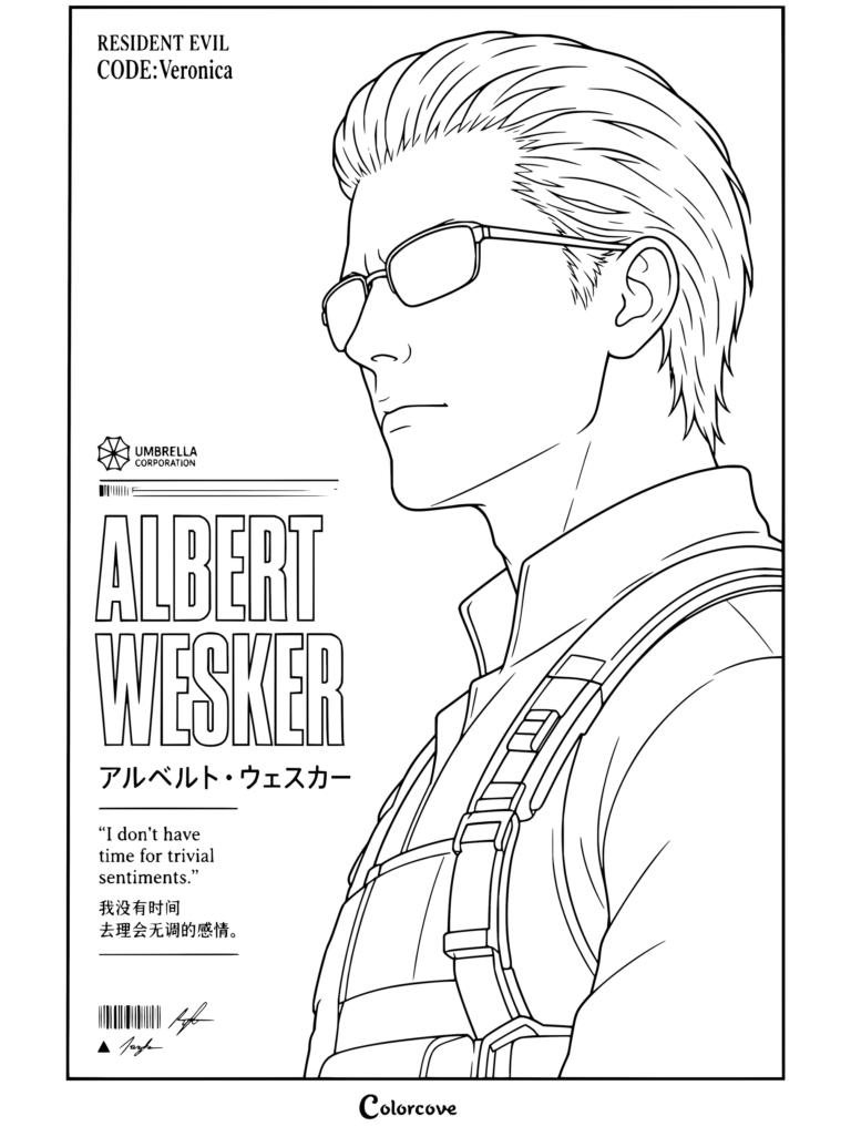 Dibujo para colorear de Resident Evil con Albert Wesker de CODE: Veronica con sus características gafas de sol, equipamiento y frase.