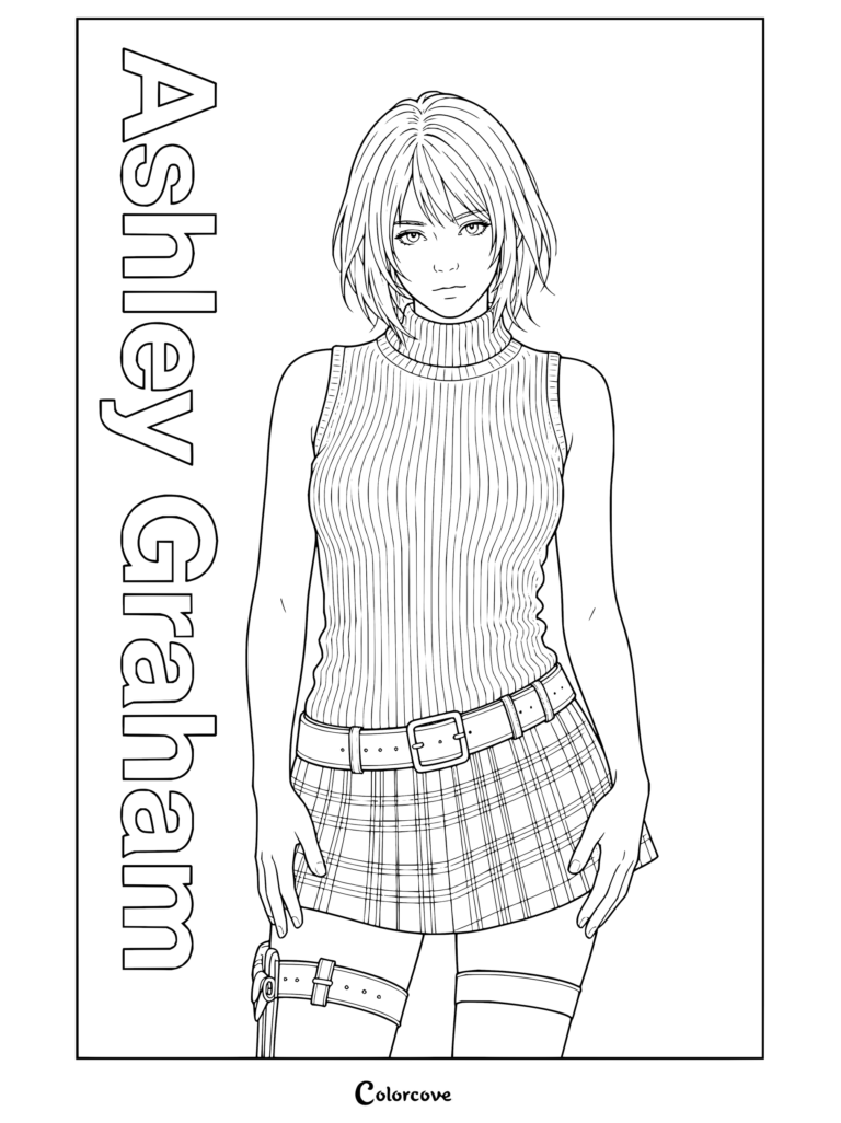 Dibujo para colorear tipo póster de Ashley Graham de Resident Evil, con su jersey de cuello alto y falda plisada.