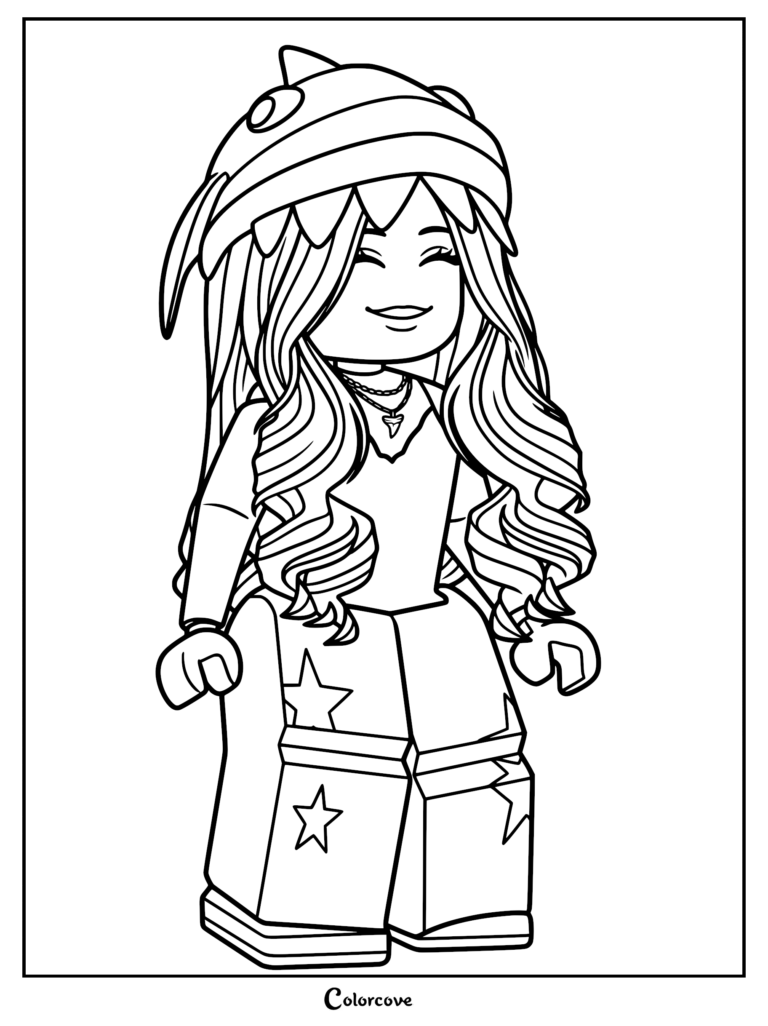 Roblox avatar wearing a shark hat and star-patterned pants coloring page