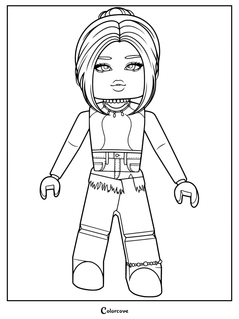 Roblox avatar girl with a high ponytail, wearing a cropped top and jeans, line art coloring page.