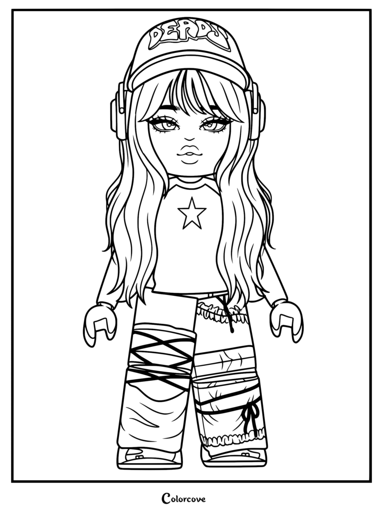 Roblox avatar coloring page featuring a girl with long wavy hair, wearing a cap, headphones, and star-print shirt.