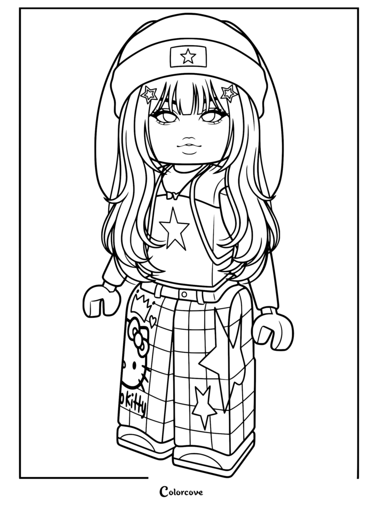 Roblox avatar coloring page featuring a girl with long hair, a star beanie, and Hello Kitty plaid pants.