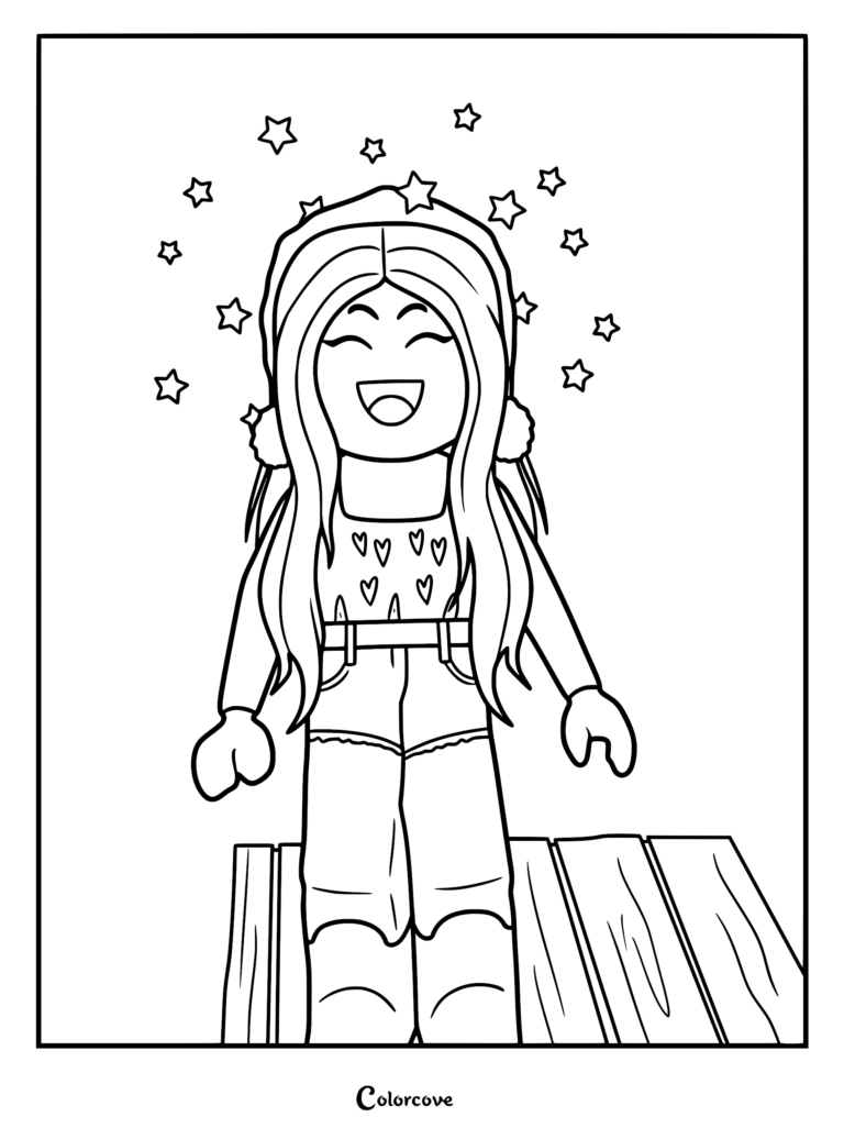 Roblox avatar girl wearing a beanie and heart-patterned shirt surrounded by floating stars in this printable coloring page.