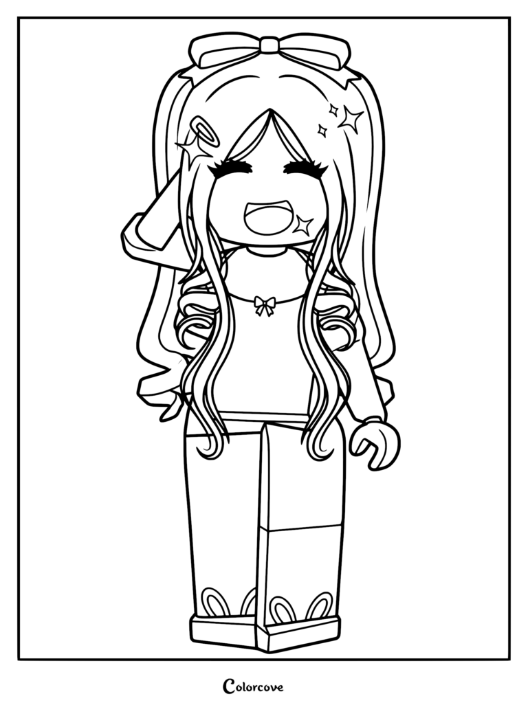 Roblox avatar coloring page featuring a character with long wavy hair, a large bow, and a happy expression.