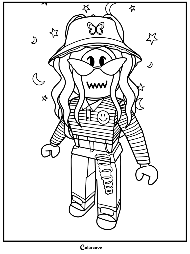 Roblox avatar wearing a butterfly bucket hat, striped shirt, and sunglasses on a starry background coloring page.