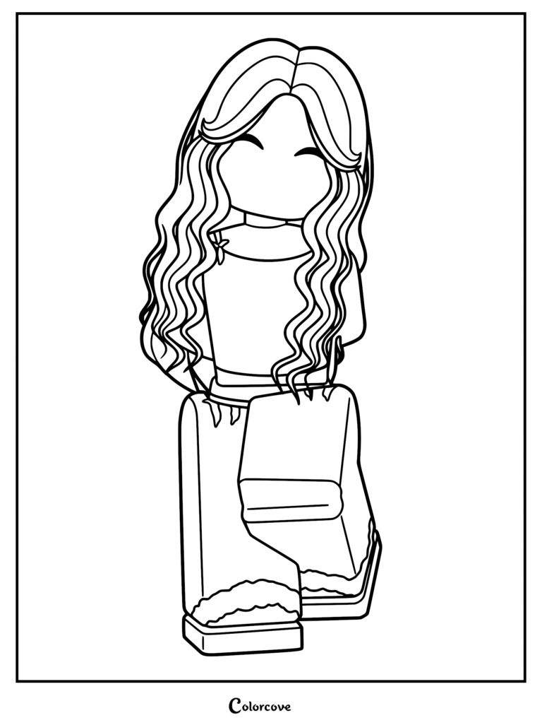Roblox avatar with long wavy hair and casual outfit coloring page