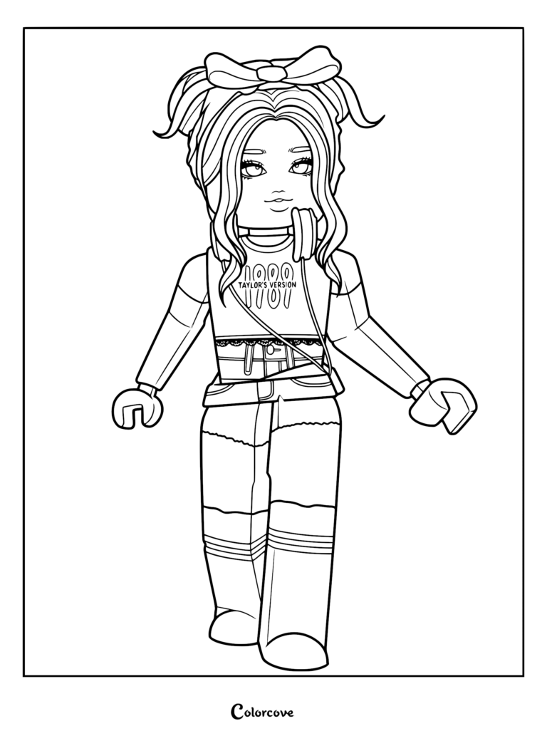 Roblox avatar wearing a Taylor's Version shirt and hair bow in a printable coloring page format.
