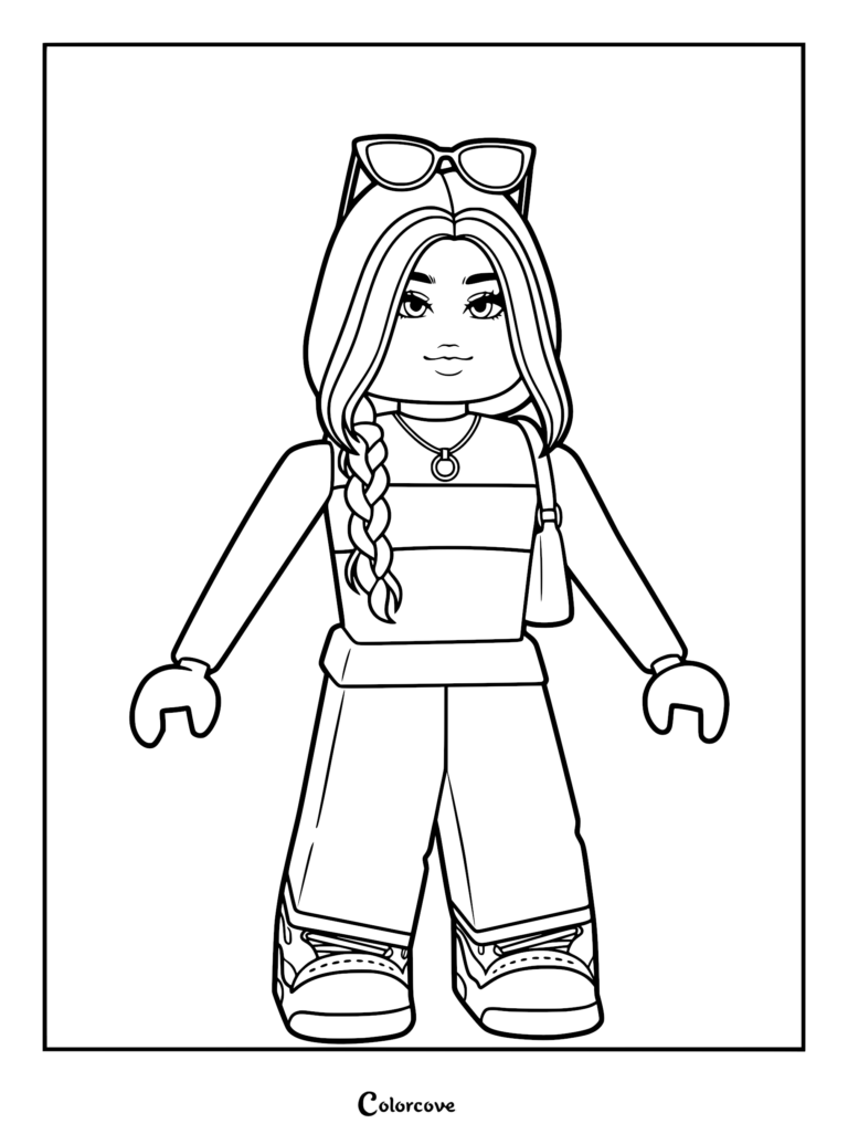 A Roblox avatar coloring page featuring a girl with long hair, a side braid, sunglasses on her head, and a shoulder bag.