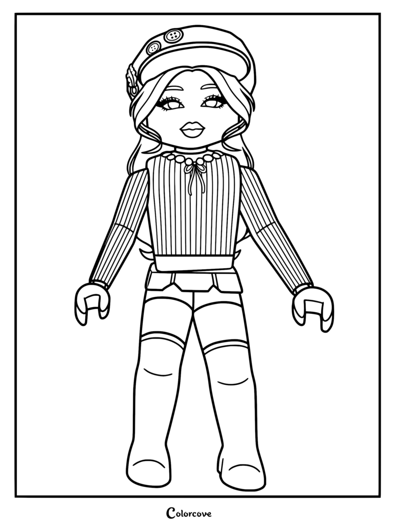 Roblox avatar coloring page featuring a character wearing a button-adorned beret, striped long-sleeve shirt, and tall boots.