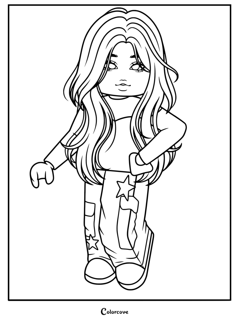 Roblox avatar girl with long wavy hair wearing star-patterned cargo pants in a printable coloring page format.