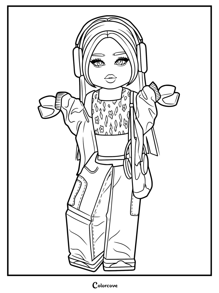 Roblox avatar girl wearing floral crop top, baggy cargo pants, and headphones in a line art coloring page style.