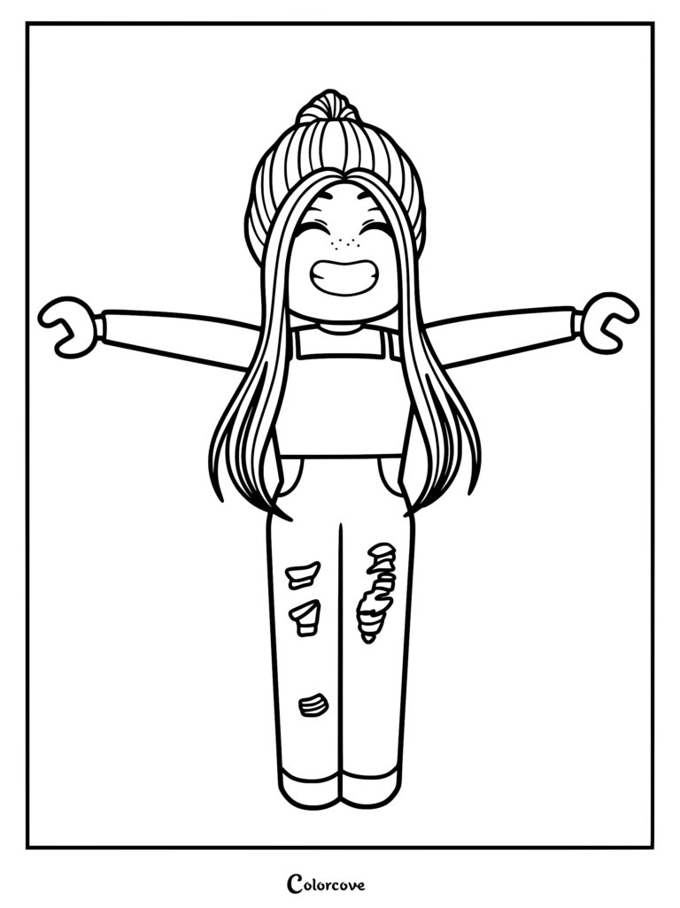A happy Roblox avatar girl with a top knot hairstyle, freckles, and ripped jeans in a coloring page format.