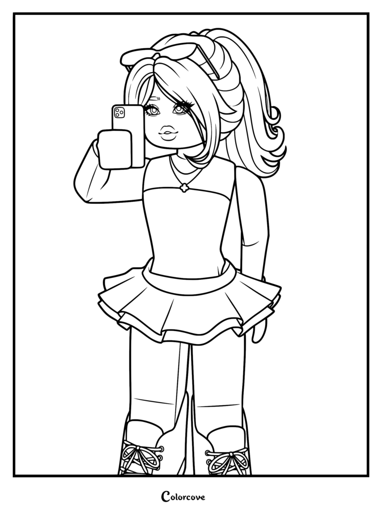 Roblox Avatar girl with high ponytail and sunglasses taking a mirror selfie, line art coloring page.