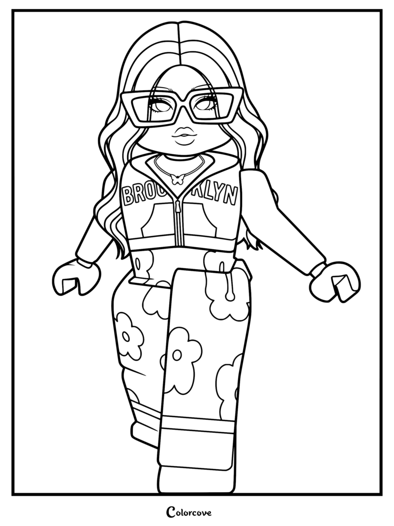 Roblox avatar wearing a Brooklyn hoodie and flower print pants, coloring page line art.