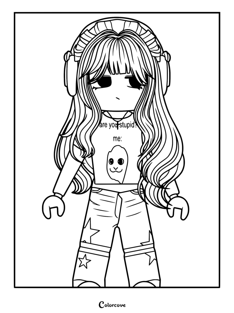 Roblox avatar coloring page featuring a girl with long wavy hair, headphones, and a shirt that says are you stupid me with a ghost graphic.