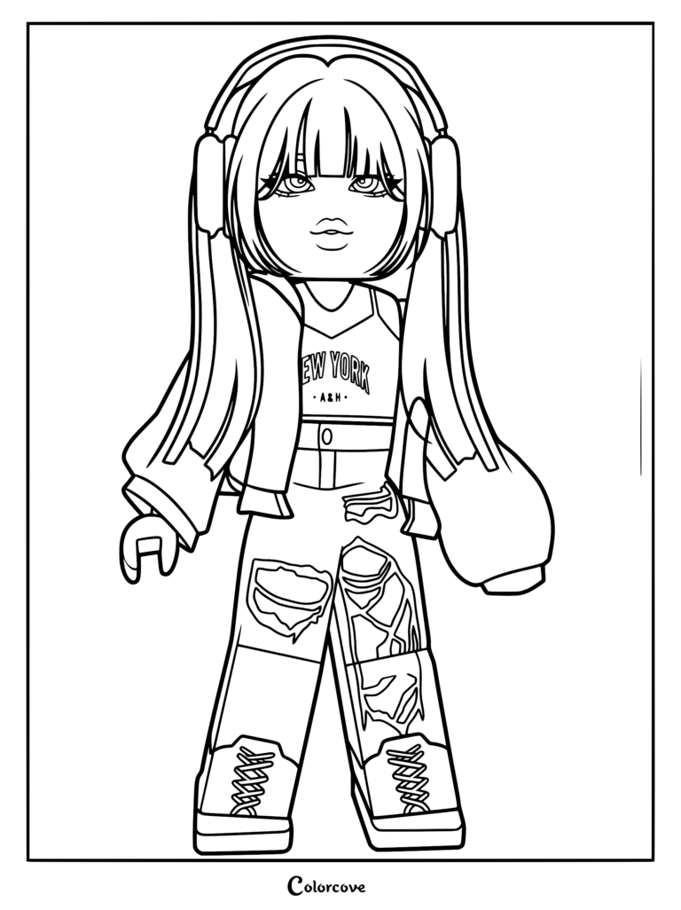 Roblox avatar girl wearing a New York crop top, headphones, and ripped jeans in a printable coloring page format.