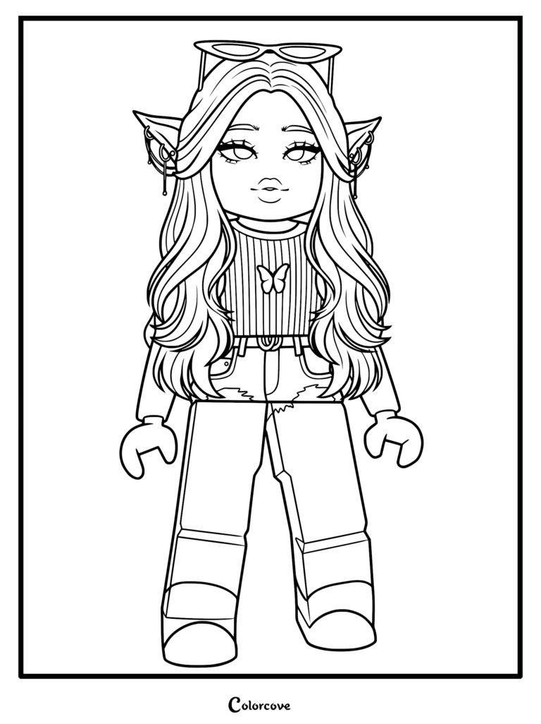 Roblox elf avatar coloring page featuring a girl with long hair, butterfly top, and sunglasses on her head.