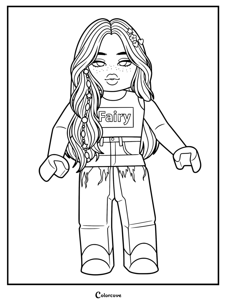 A Roblox avatar coloring page featuring a girl with long wavy hair, star hair clips, and a shirt labeled Fairy.