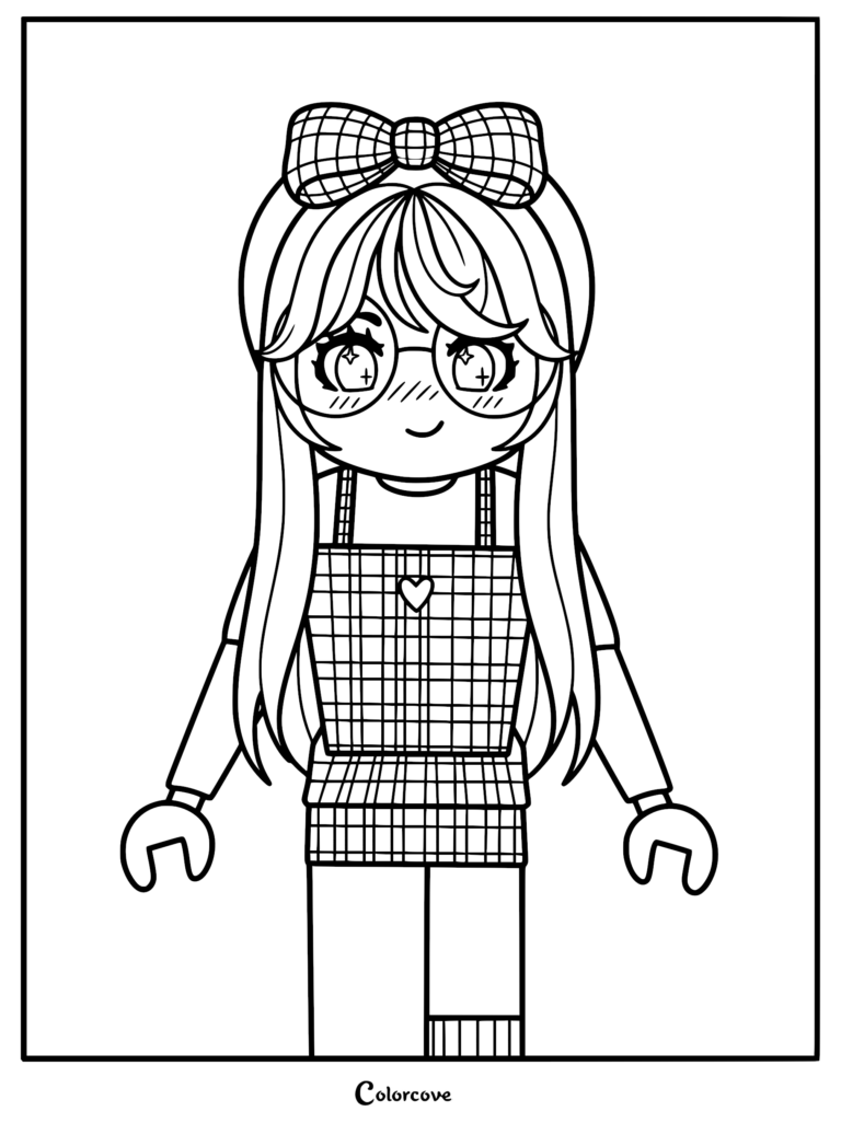 Roblox avatar coloring page featuring a girl with a large hair bow, round glasses, and a plaid dress with a heart detail.