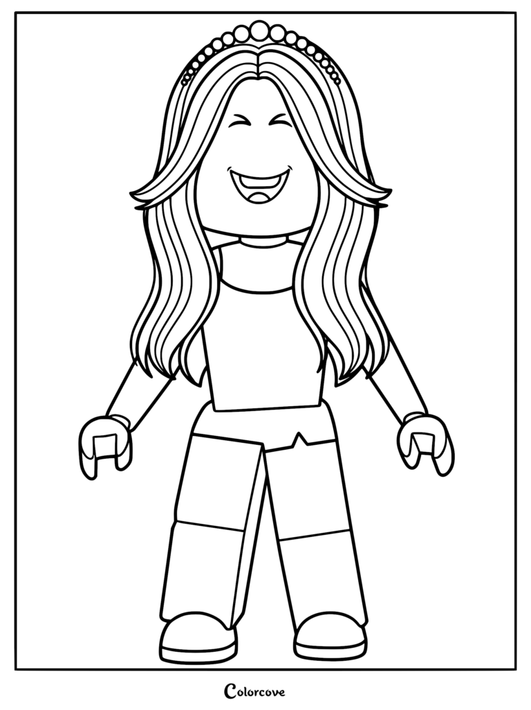 A Roblox avatar wearing a tiara and long hair in a coloring page format.