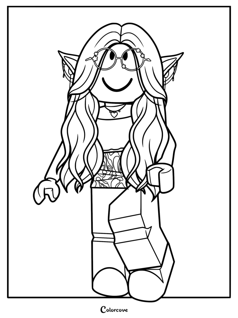 Roblox avatar with long wavy hair, pointed elf ears, and round flower-rimmed glasses in a printable coloring page format.