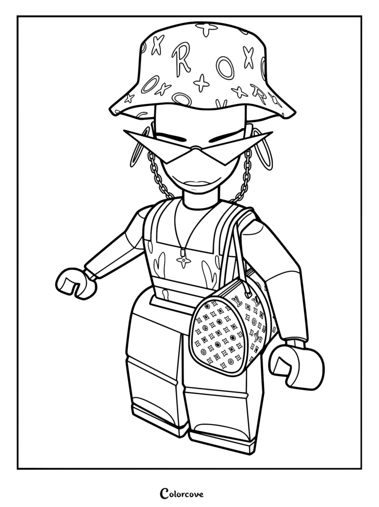 Roblox avatar coloring page featuring a character wearing a patterned bucket hat, sharp sunglasses, and a designer-style handbag.
