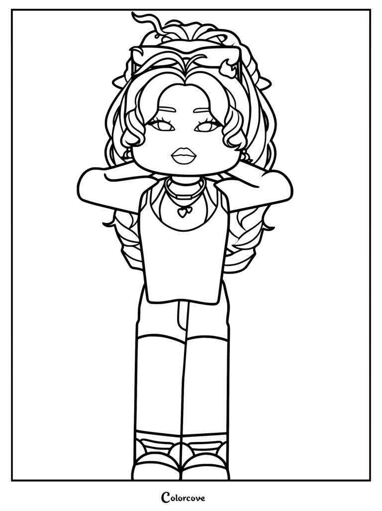 A Roblox avatar girl with long wavy hair and sunglasses on her head, wearing a tank top and heart necklace, shown in a line art coloring page.
