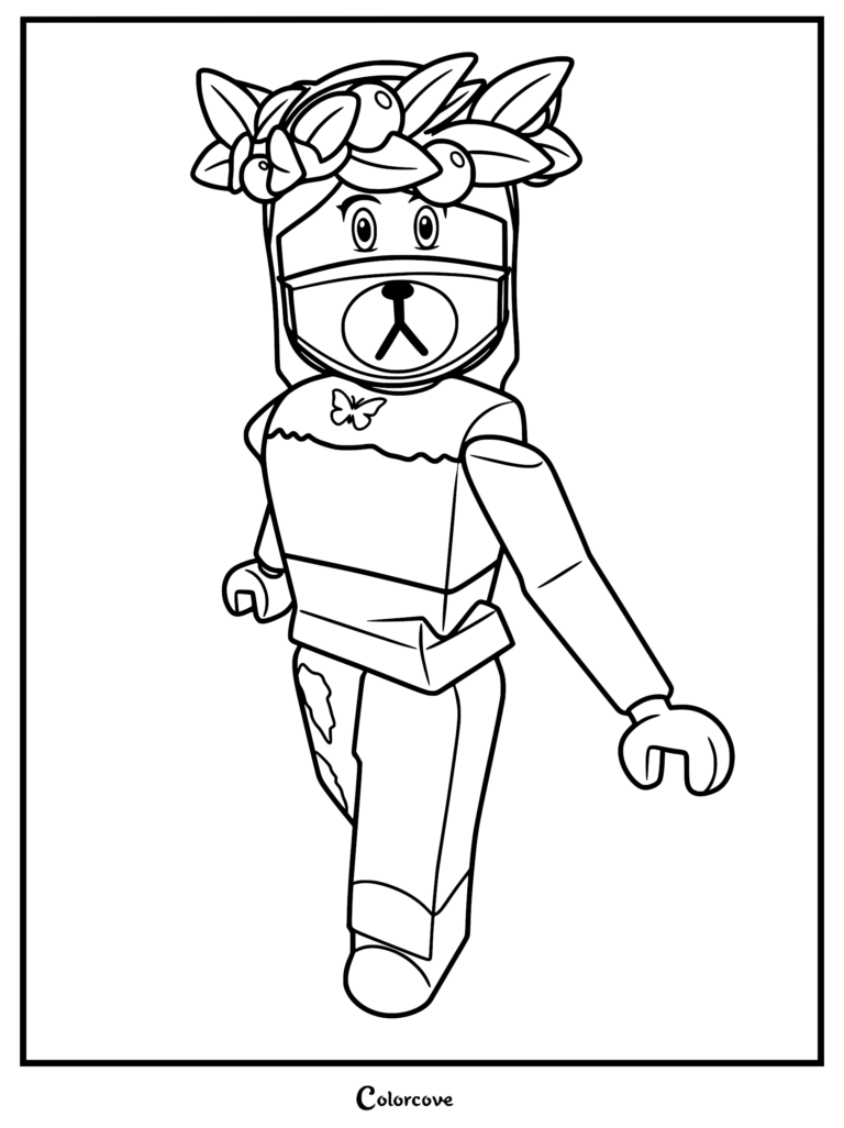 Roblox avatar wearing a laurel wreath and bear face mask coloring page with a butterfly shirt design.