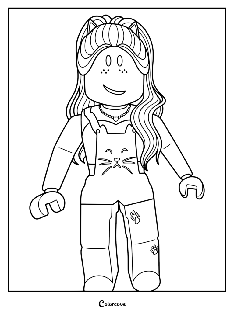 Roblox avatar girl with long wavy hair and cat ear headband wearing cat-themed overalls, coloring page.