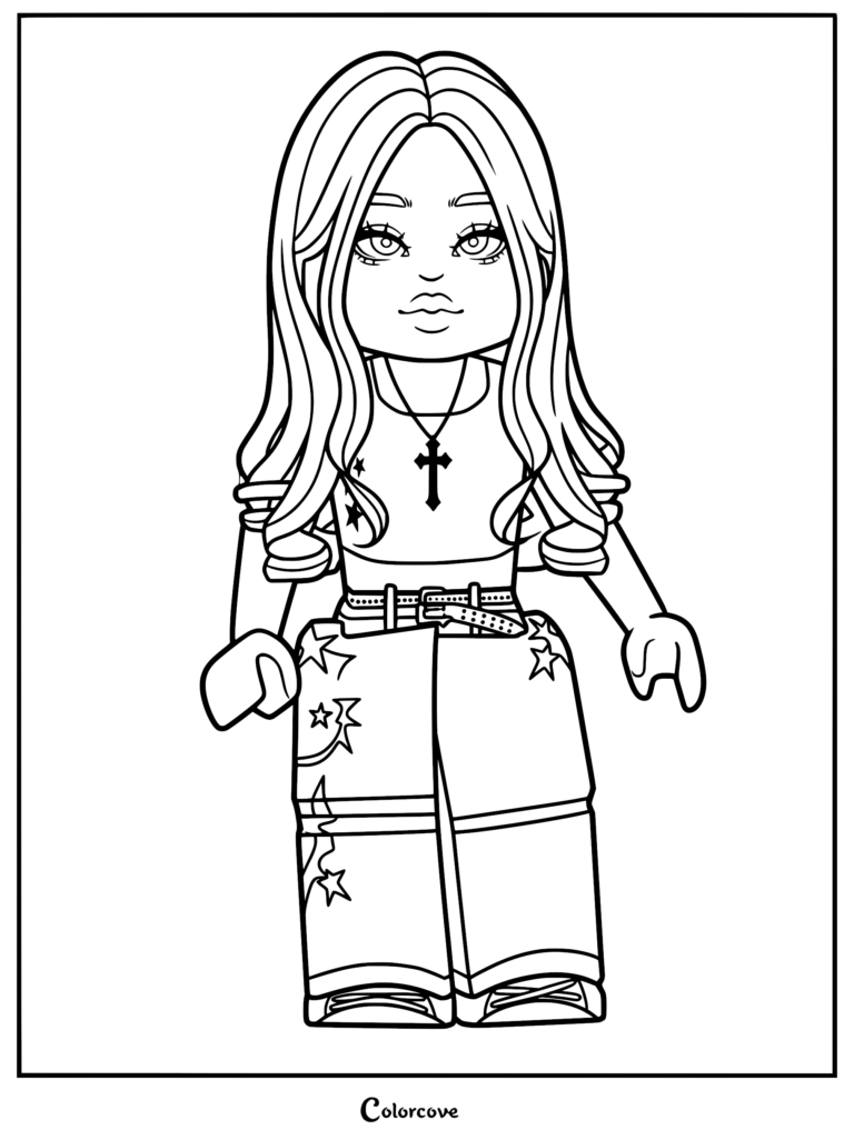 Roblox avatar girl with long wavy hair wearing a cross necklace and star print pants coloring page